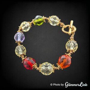 Multicolor Faceted Glass Bead Bracelet Gold Tone Toggle Clasp Size 7